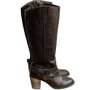 Diba Chunky Heeled Boots with Buckle Straps Dark Brown Faux Leather 10 Medium